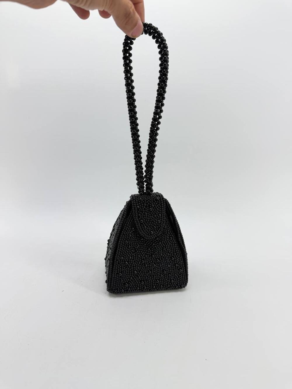 Carlo Fellini Black Beaded Mini Evening Bag Purse Formal Beaded Handle